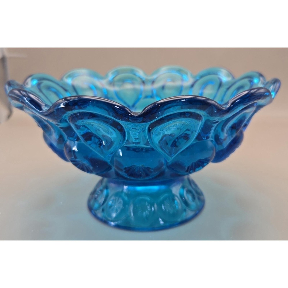 Vintage Bowl Turquoise/Blue L.E. Smith Scalloped Pedestal 'Moon & Stars' (#21) - Picture 4 of 9